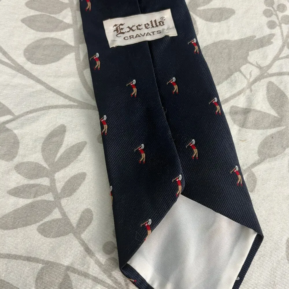 Vintage Excello Cravats Golf Tie Navy Blue Novelty Golfer Preppy USA 55
